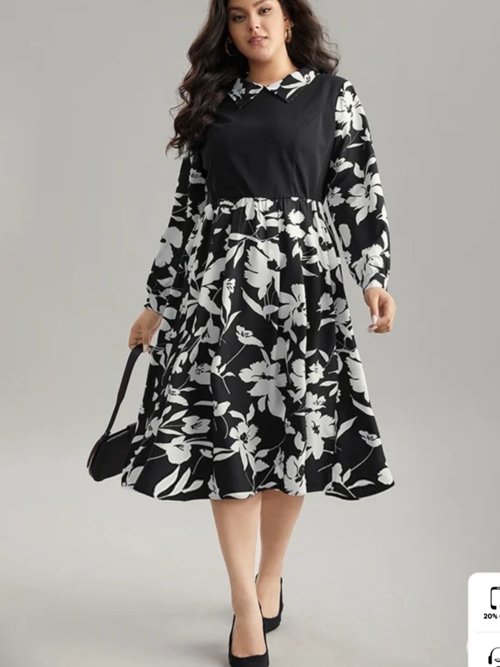 BloomChic Black and White Floral Midi Dress with Peter Pan Collar Size 14/16